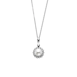 18K White Gold Freshwater Pearl and Diamond Halo Pendant with Chain