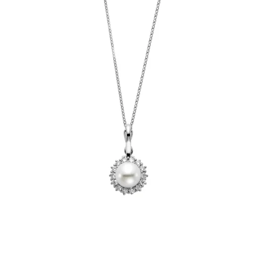 18K White Gold Freshwater Pearl and Diamond Halo Pendant with Chain
