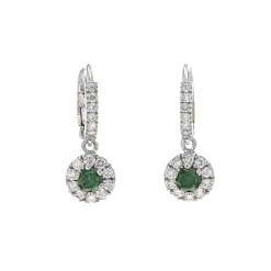 14K White Gold Green Diamond Halo Dangle Earrings