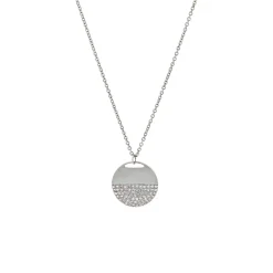 14K White Gold Half Diamond Pavé Disc Pendant with Chain