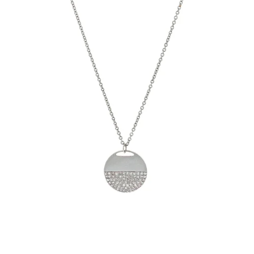14K White Gold Half Diamond Pavé Disc Pendant with Chain