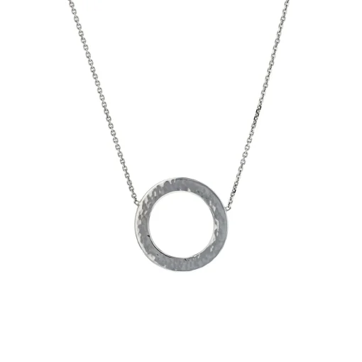 14K White Gold Hammered Circle Necklace