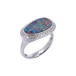 14K White Gold Opal Doublet and Diamond Ring
