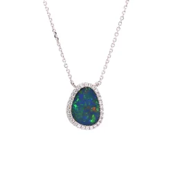 14K White Gold Opal Doublet and Diamond Necklace