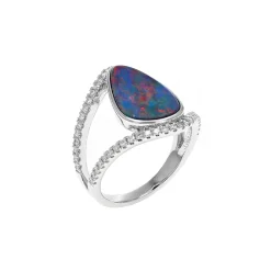 14K White Gold Opal Doublet and Diamond Ring