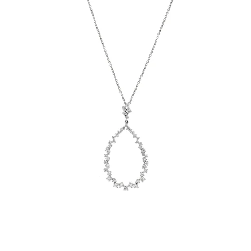 14K White Gold Open Tear Drop Diamond Pendant with Chain