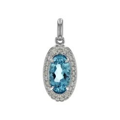 14K White Gold Oval Aquamarine and Diamond Pendant