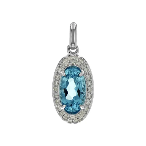 14K White Gold Oval Aquamarine and Diamond Pendant
