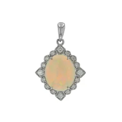 14K White Gold Oval Australian Opal and Diamond Pendant
