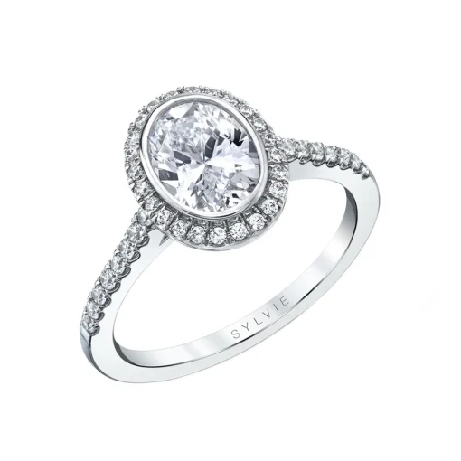 14K White Gold Oval Cut Modern Bezel Halo Engagement Ring – Anita