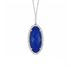 18K White Gold Oval Lapis Doublet and Diamond Pendant and Chain