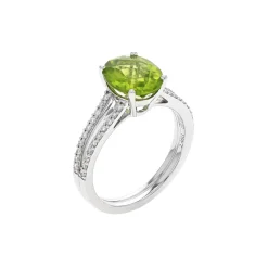 14K White Gold Oval Peridot and Diamond Ring