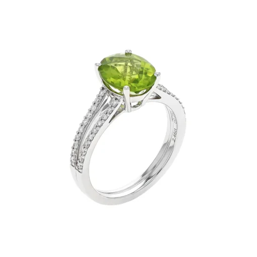 14K White Gold Oval Peridot and Diamond Ring