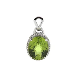 14K White Gold Oval Peridot Pendant with Diamond Halo