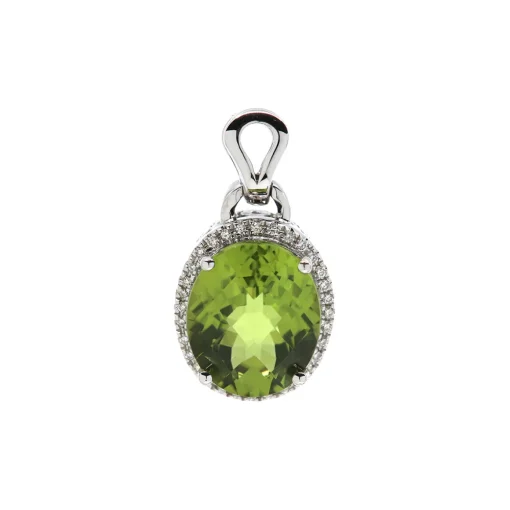 14K White Gold Oval Peridot Pendant with Diamond Halo