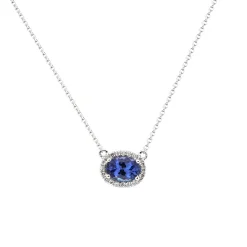 14K White Gold Oval Tanzanite and Diamond Halo Necklace
