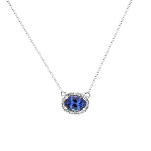 14K White Gold Oval Tanzanite and Diamond Halo Necklace