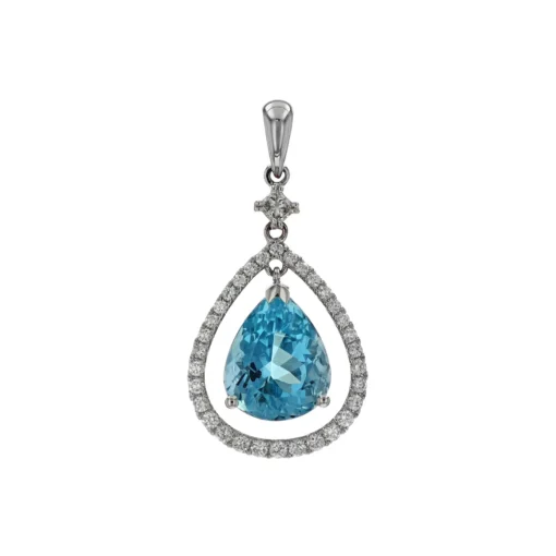 14K White Gold Pear Aquamarine and Diamond Pendant