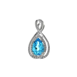 14K White Gold Pear Swiss Blue Topaz and Diamond Pendant