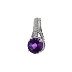 14K White Gold Round Amethyst and Diamond Pendant