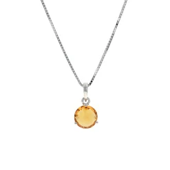 14K White Gold Round Citrine Pendant with Chain