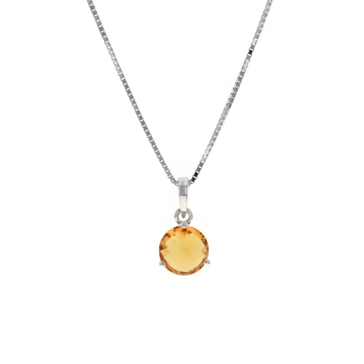 14K White Gold Round Citrine Pendant with Chain