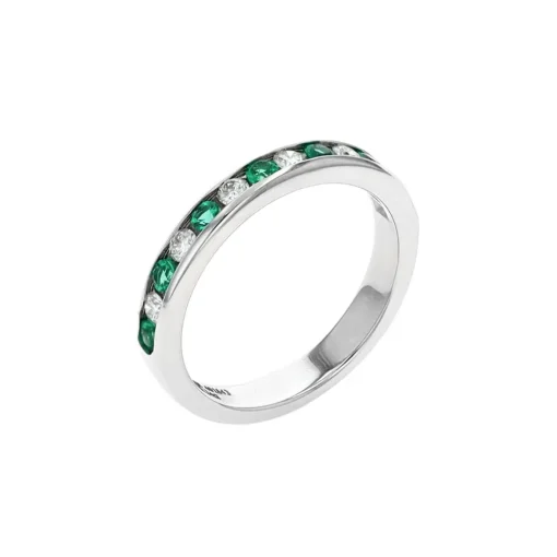 14K White Gold Round Emerald and Diamond Band