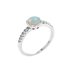 14K White Gold Round Opal and Diamond Ring