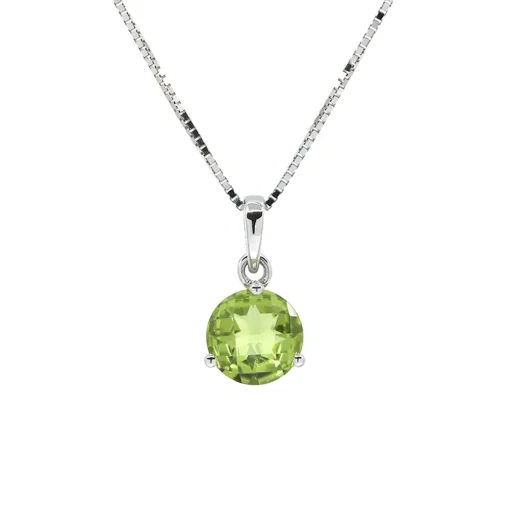 14K White Gold Round Peridot Pendant and Chain