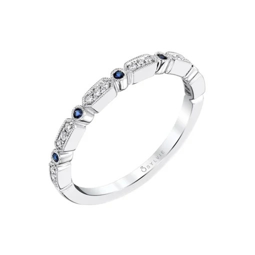 14K White Gold Round Sapphire and Diamond Band