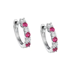 14K White Gold Ruby and Diamond Hoop Earrings