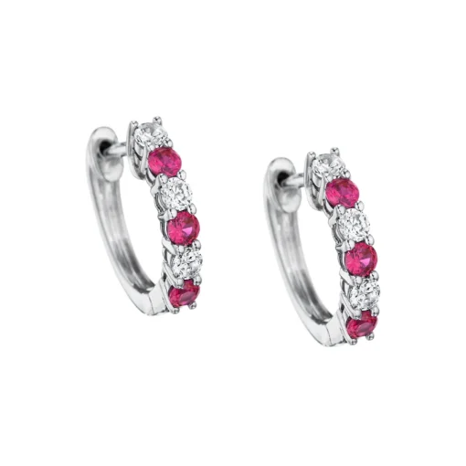 14K White Gold Ruby and Diamond Hoop Earrings