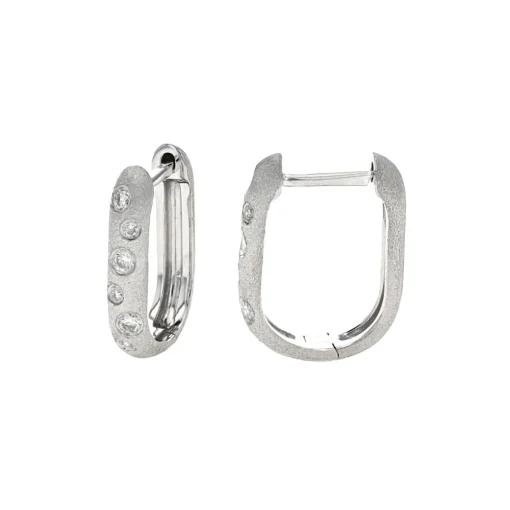 14K White Gold Satin Finish Diamond Huggie Hoop Earings