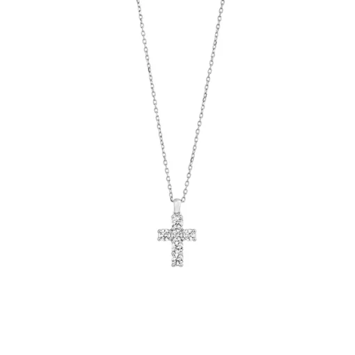 14K White Gold Small Diamond Cross Pendant with Chain