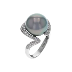 18K White Gold Tahitian Pearl and Diamond Ring