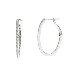 14K White Gold Thin Diamond Oval Hoop Earrings