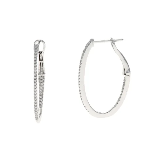 14K White Gold Thin Diamond Oval Hoop Earrings