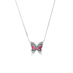 14K White Gold Tourmaline and Diamond Butterfly Necklace