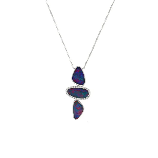 14K White Gold Triple Opal Doublet and Diamond Necklace