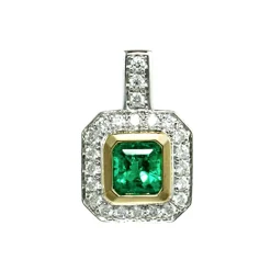 14K Yellow and White Gold Emerald and Diamond Halo Pendant
