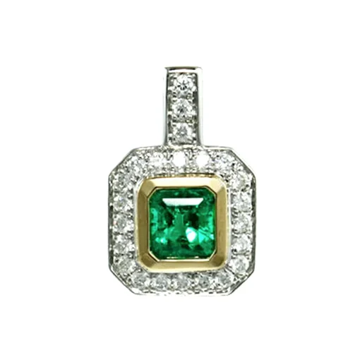 14K Yellow and White Gold Emerald and Diamond Halo Pendant