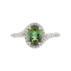 14K Yellow and White Gold Oval Green Tourmaline and Diamond Halo Bypass Ring