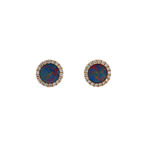 14K Yellow Gold Australian Opal Doublet and Diamond Earrings