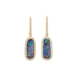 14K Yellow Gold Australian Opal Doublet and Diamond Earrings