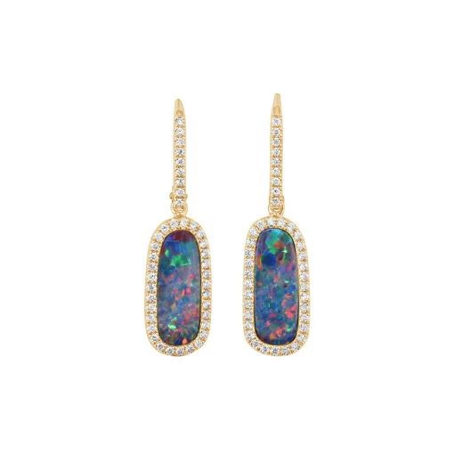 14K Yellow Gold Australian Opal Doublet and Diamond Earrings