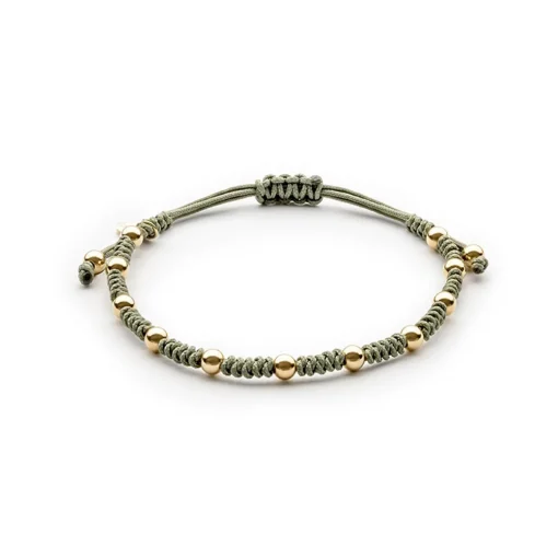 14K Yellow Gold Bead and Khaki Rope Bracelet