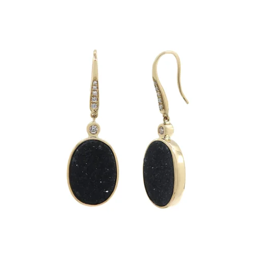 14K Yellow Gold Black Drusy and Diamond Earrings