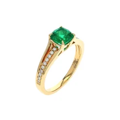 14K Yellow Gold Cushion Emerald and Diamond Ring