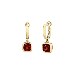 14K Yellow Gold Cushion Garnet Huggie Dangle Earrings