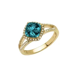 14K Yellow Gold Cushion London Blue Topaz and Diamond Ring